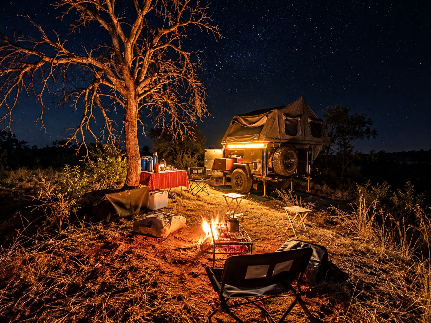 Bush camp under the stars with a fire burning