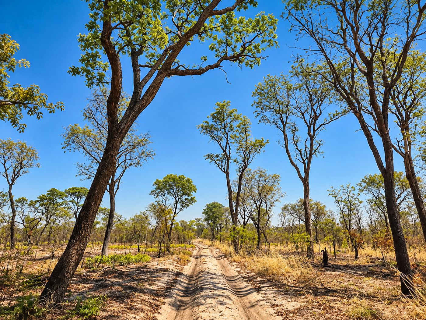 Sandy track through tall woodland