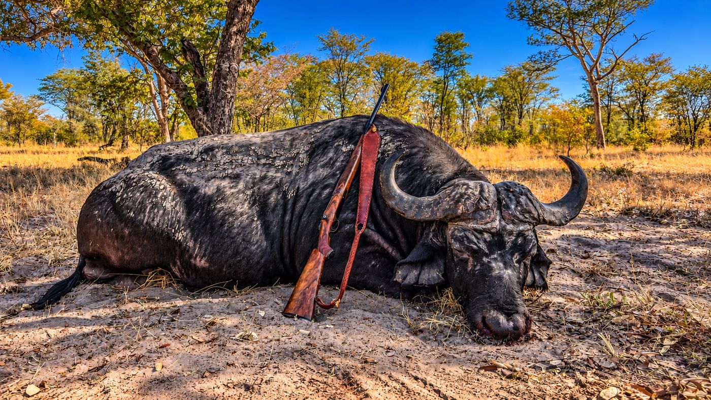 Cape buffalo with a rifle