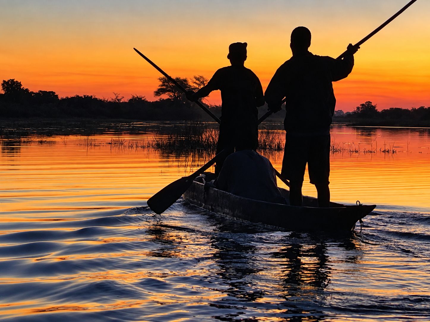 Poling a mokoro at sunset on the river